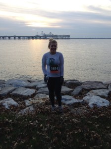 Here I am before running across the Bay Bridge in the Across the Bay 10K. This is on the western shore side, if you can't tell. (Veronica James photo)