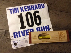 My race bib from this year's Tim Kennard River Run 10-miler and my third place female 20-24 award are shown. (Vanessa Junkin photo)
