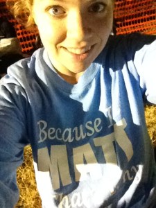On April 26, I ran the Big Sur International Marathon. Here I am in my throwaway shirt, reading "Because I'm MATT, That's Why," before the race began. (Vanessa Junkin photo)