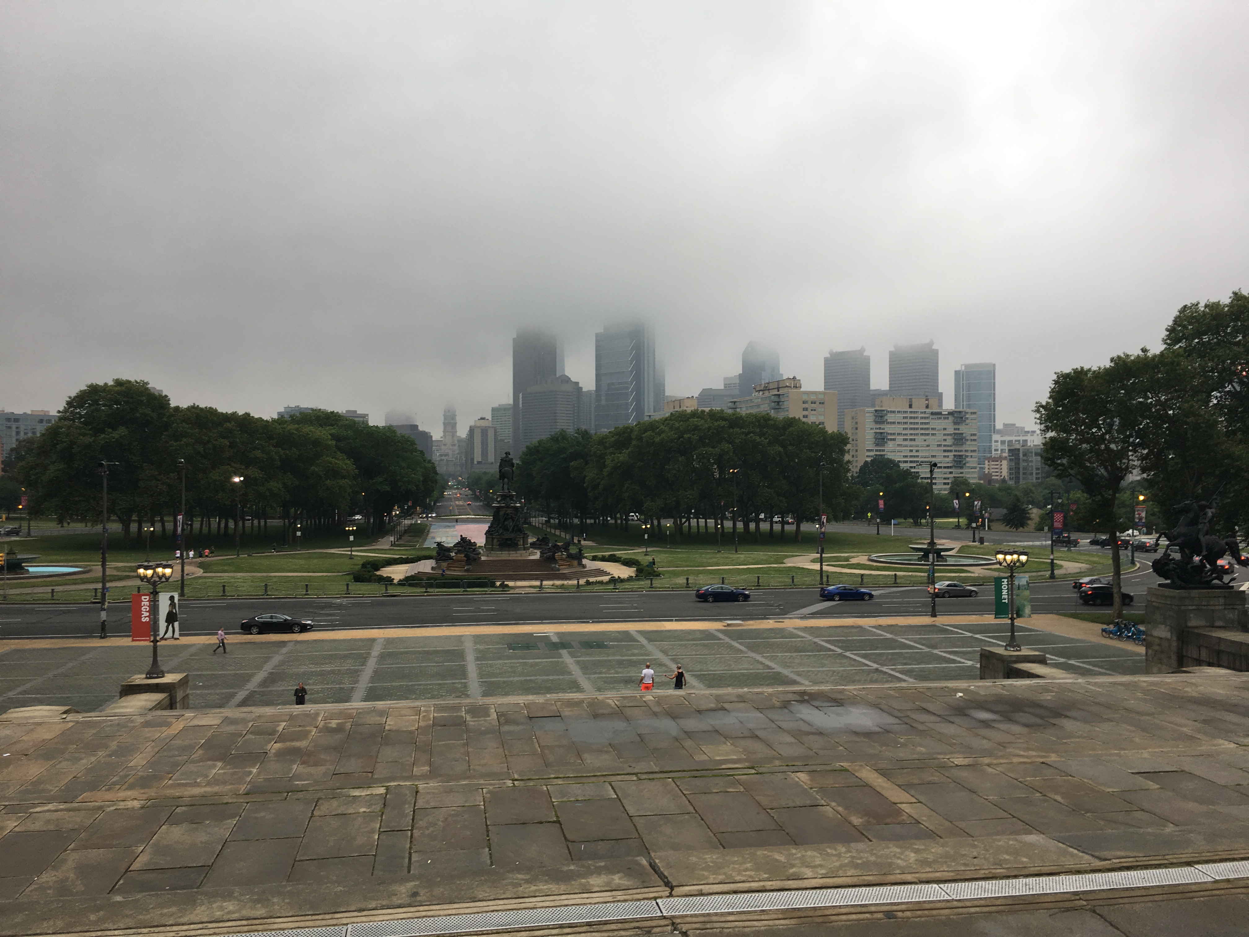 View of the Philadelphia skyline from top of steps at Philadelphia Museum of Art.