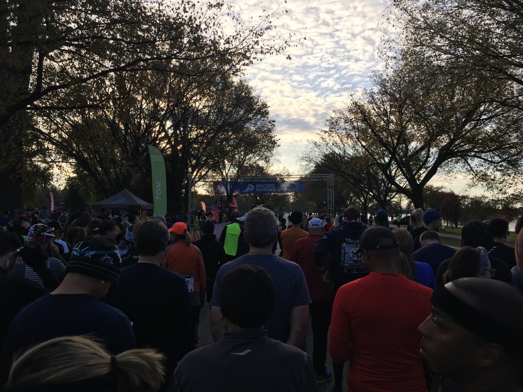 Photo taken from the starting corral of the Veterans Day 10K. Runners and trees can be seen in the photo. 