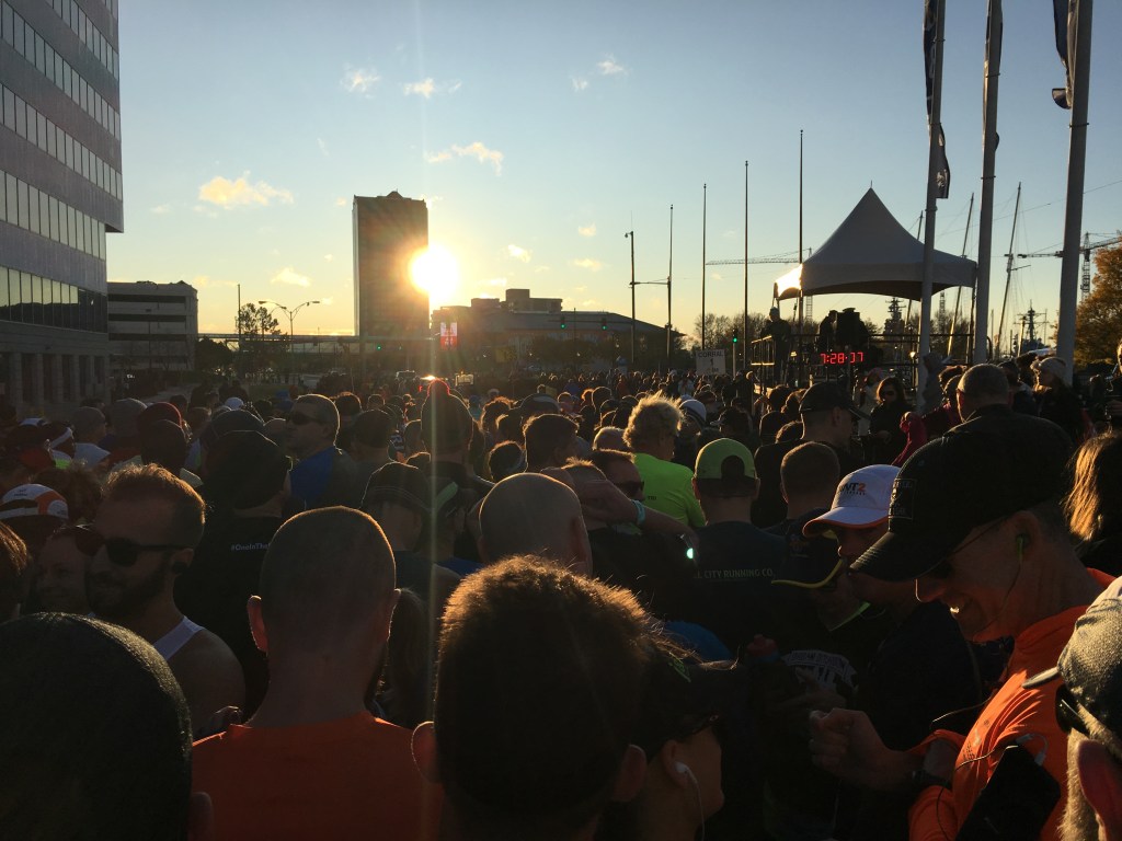 Runners in the starting corral at the Norfolk Harbor Half Marathon and 10K.