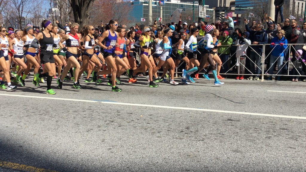 Start of women's race at Olympic Marathon Trials - group of women running.
