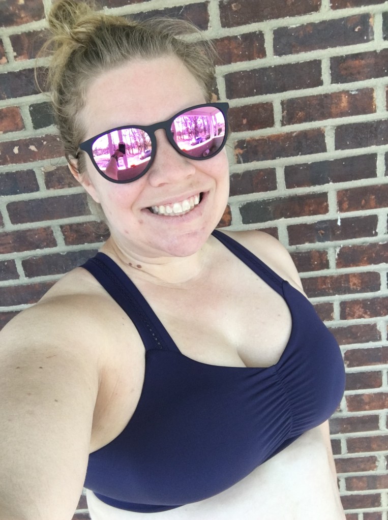 Selfie of Vanessa Junkin in Handful Y-Back Bra and sunglasses.