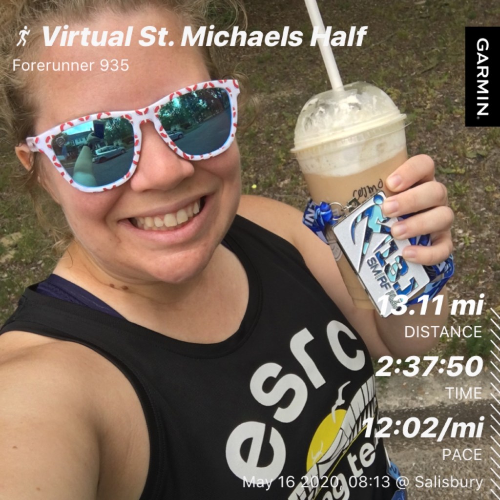 Photo of Vanessa Junkin holding medal and coffee smoothie with run stats: 13.11 mi distance, 2:37:50 time, 12:02/mi pace. 