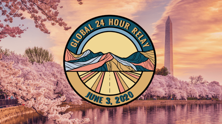Global 24 Hour Relay on top of pink scene from Washington, D.C.