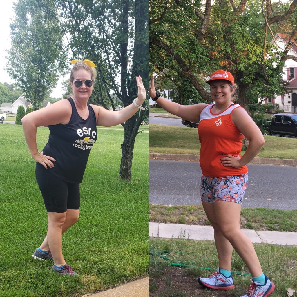 The left half of the photo is a woman in a black Eastern Shore Running Club singlet holding out left hand for a high five. That is combined with the right half of the photo, a woman in an orange BibRave singlet holding up her right hand for a high five.