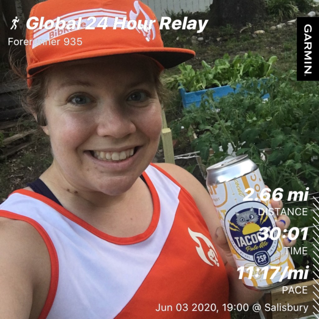Selfie of Vanessa Junkin in orange BibRave hat and singlet holding a beer with the run information overlaying the photo (Global 24 Hour Relay, Forerunner 935, 2.66 mi, 30:01, 11:17/mi, Jun 03 2020, 19:00 @ Salisbury).