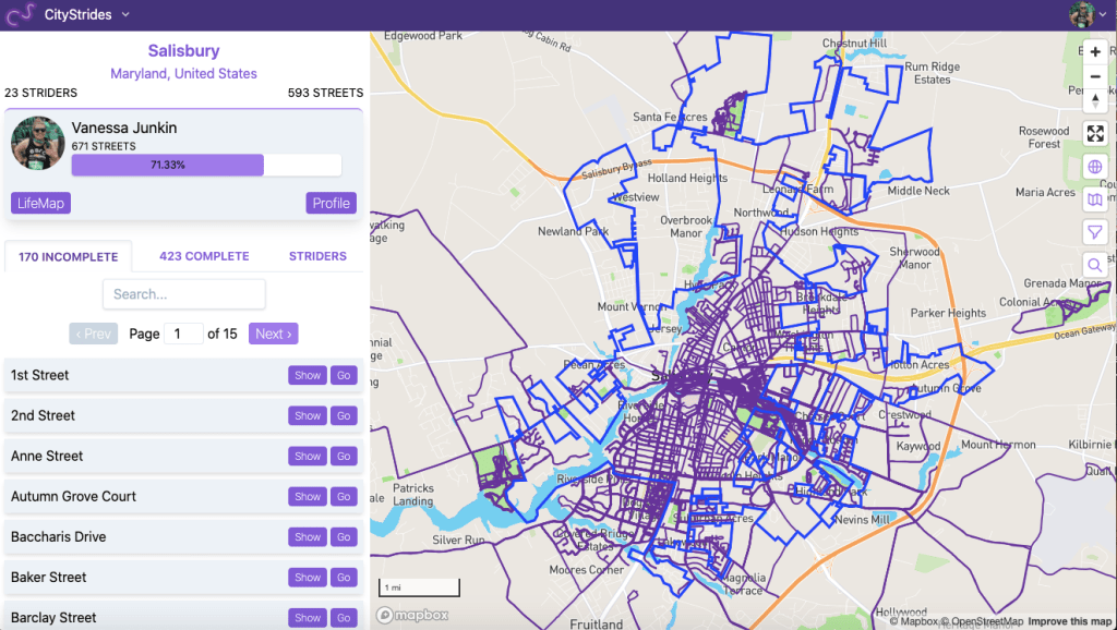 Screenshot of CityStrides website showing incomplete streets on the left side and a map of Salisbury, Maryland, with completed streets filled in in purple on the right. 