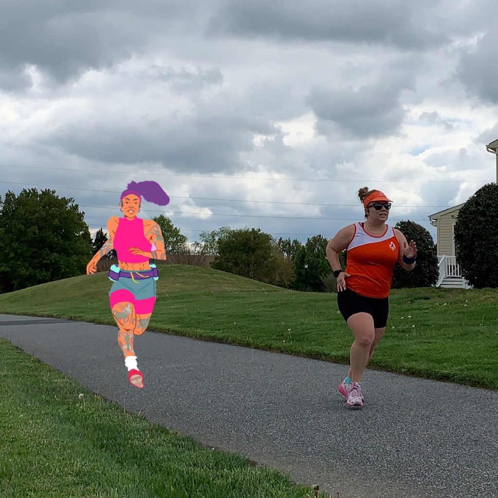 Vanessa Junkin running with a cartoon image of Atalanta, Goddess of Running, in the photo. 