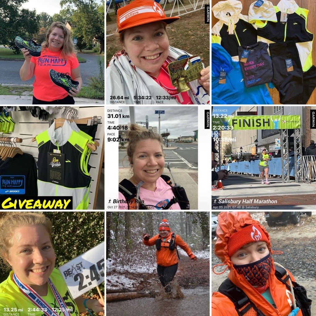 A collage of nine square images from 2021. Four are selfies of Vanessa Junkin, one is a photo of her holding shoes, another is of clothes, another is a giveaway, one is her finishing a race and one is of her running through muddy water. 