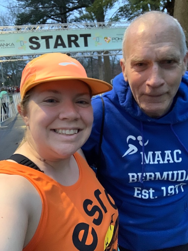 Vanessa Junkin and Bart Yasso take a selfie near the Salisbury Half Marathon start line. 