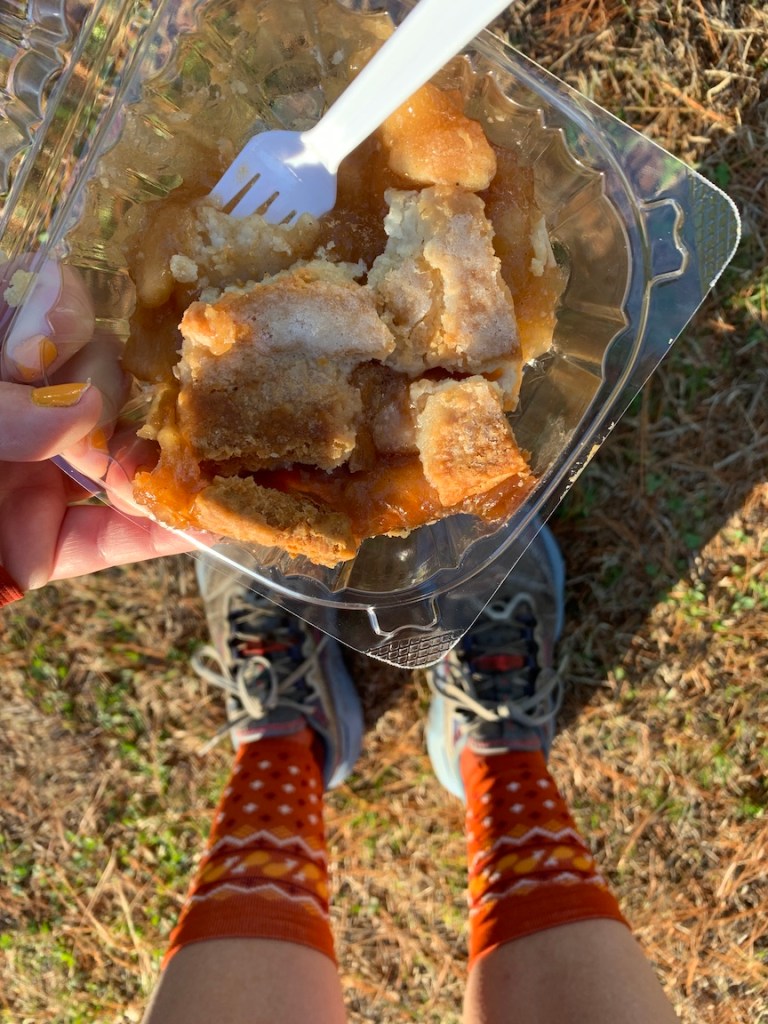 A photo of a hand holding apple pie in a plastic container with Thanksgiving socks and trail shoes. 