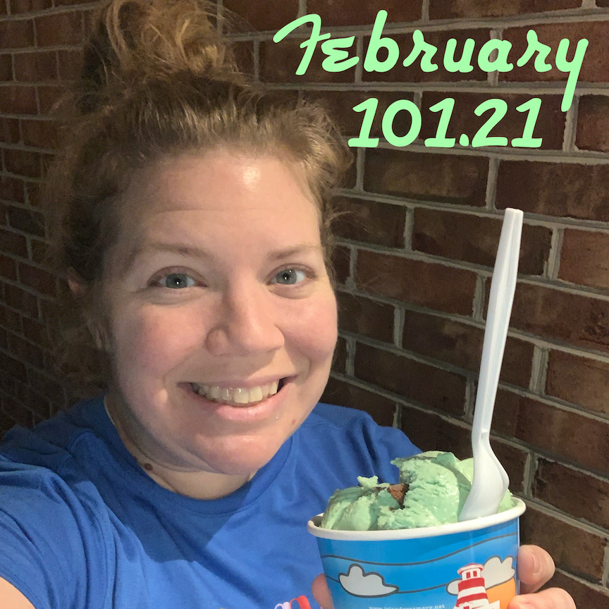 Selfie of Vanessa Junkin holding ice cream with the text "February 101.21"