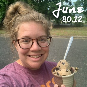 Woman holding a cup of ice cream with the text "June 80.12."