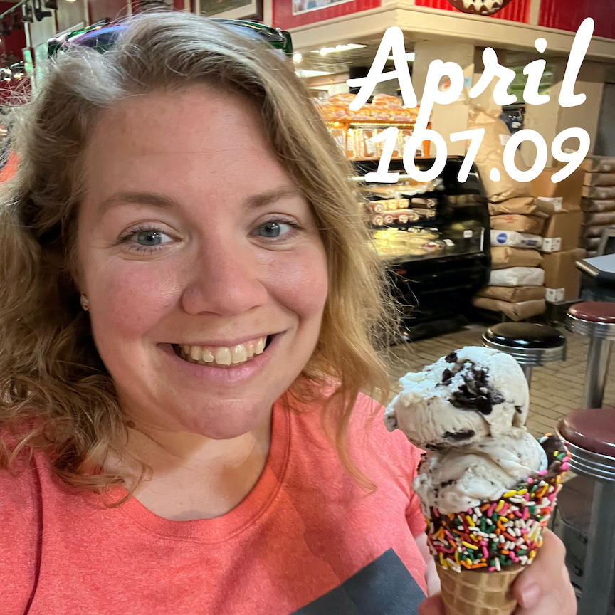 Woman holding an ice cream cone with the text "April 107.09"