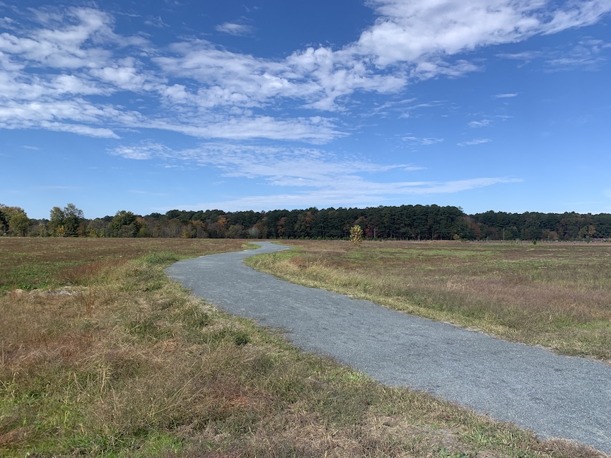 Crushed-stone trail going through a field with trees in the background. 
