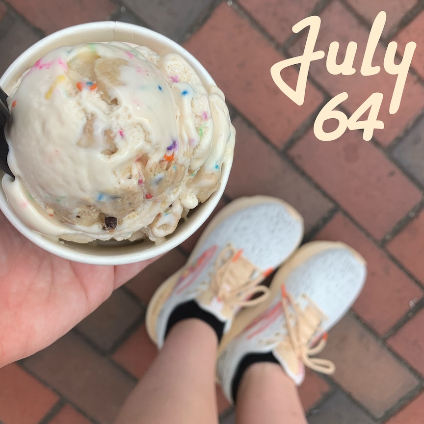 Photo of ice cream next to ice cream running shoes with the text "July 64"