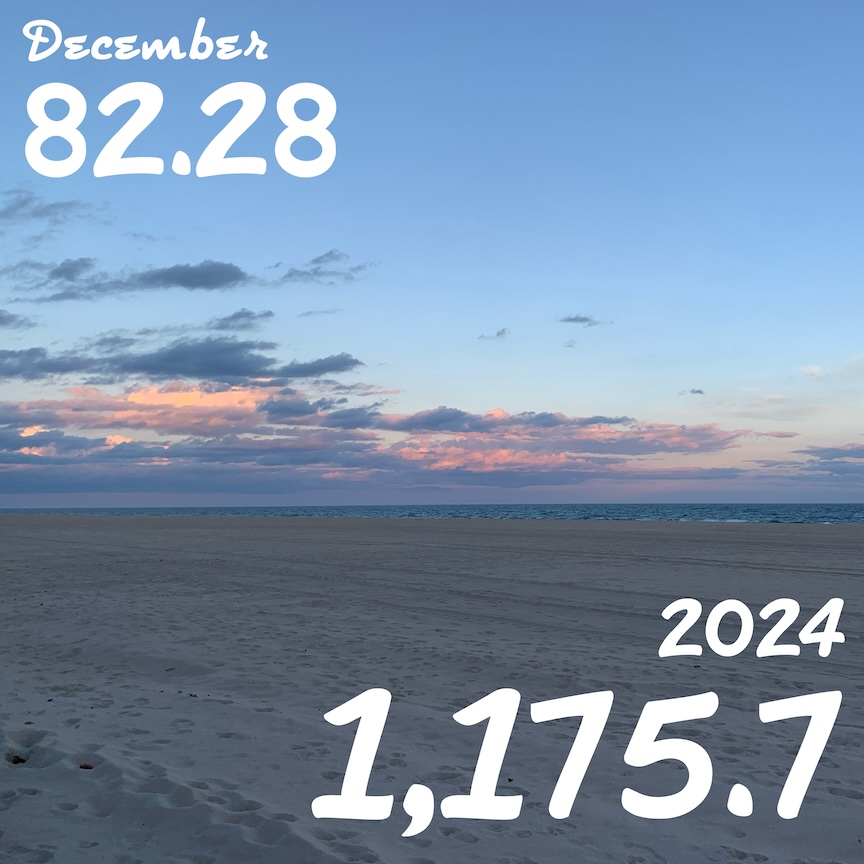 Photo of sunset over the beach with the text "December 82.28" in one corner and "2024 1,175.7" in the other corner. 