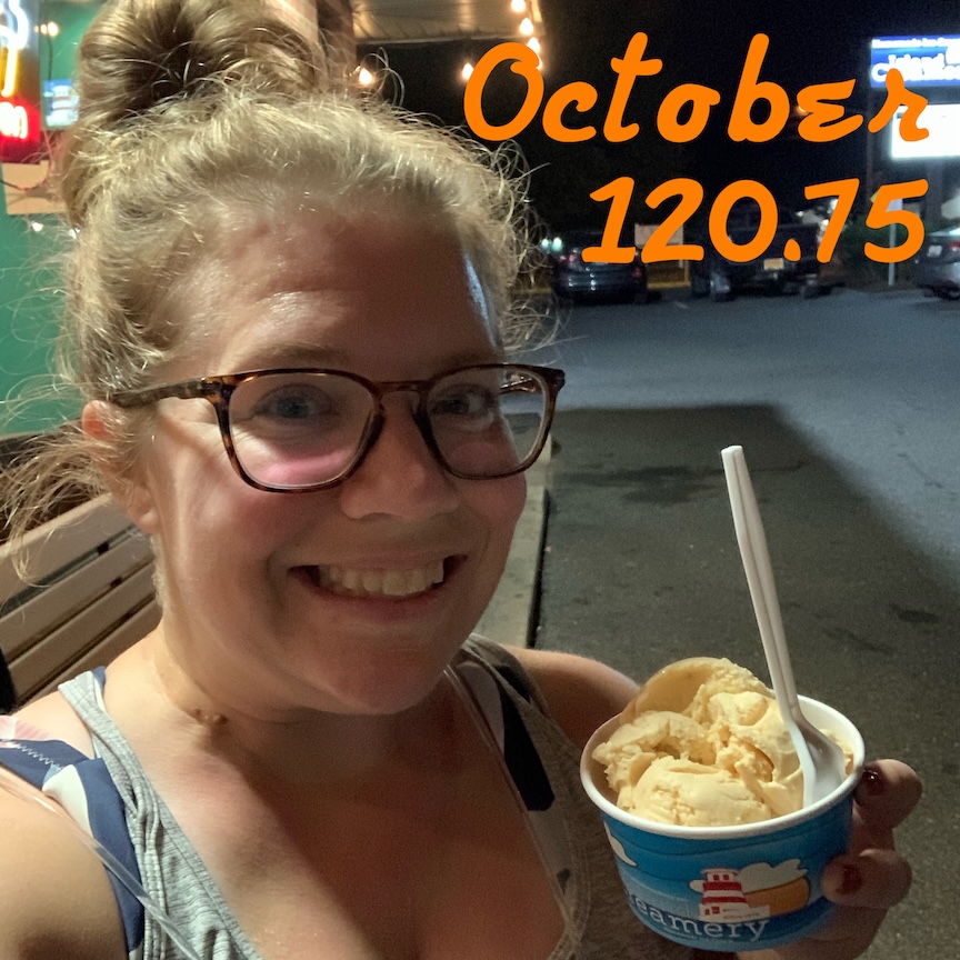 Selfie of Vanessa Junkin holding ice cream with the text "October 120.75"