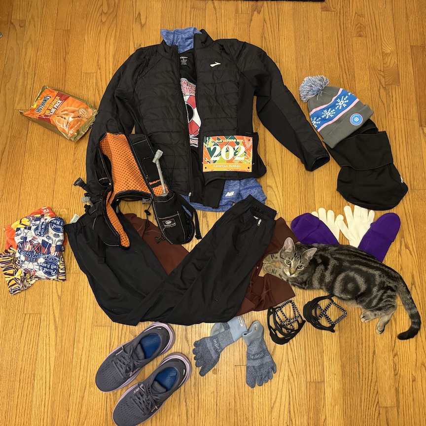 Photo of race gear set out the night before a race, with a cat sitting on the gear.